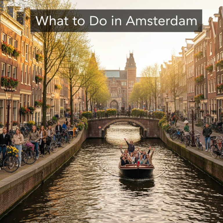 Sunny Amsterdam canal with bikes, tulips, classic houses, a boat, and lively streetside activity.