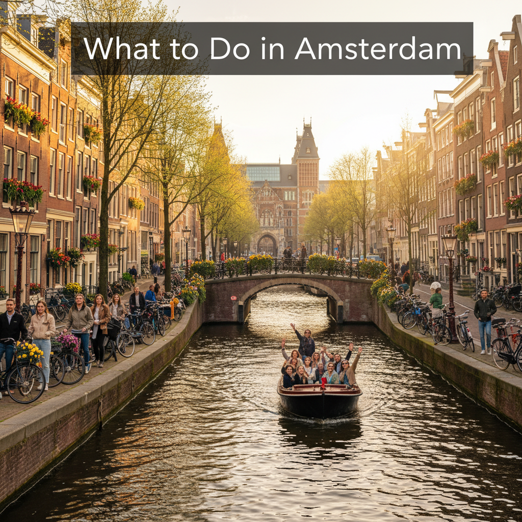 Sunny Amsterdam canal with bikes, tulips, classic houses, a boat, and lively streetside activity.