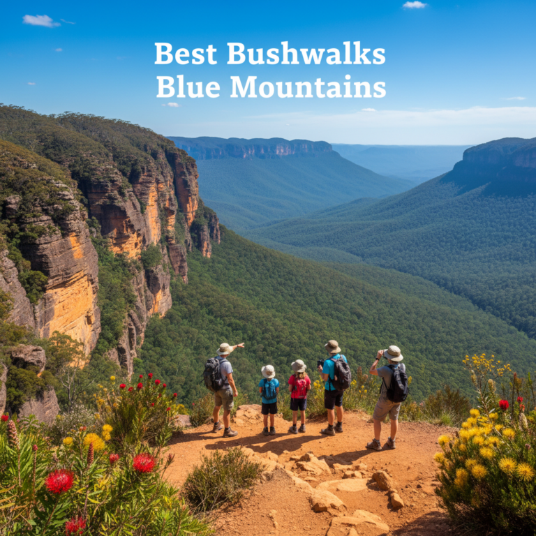 Best Bushwalks Blue Mountains: Hikers enjoy stunning cliffs, forests, and native flora beneath blue skies.