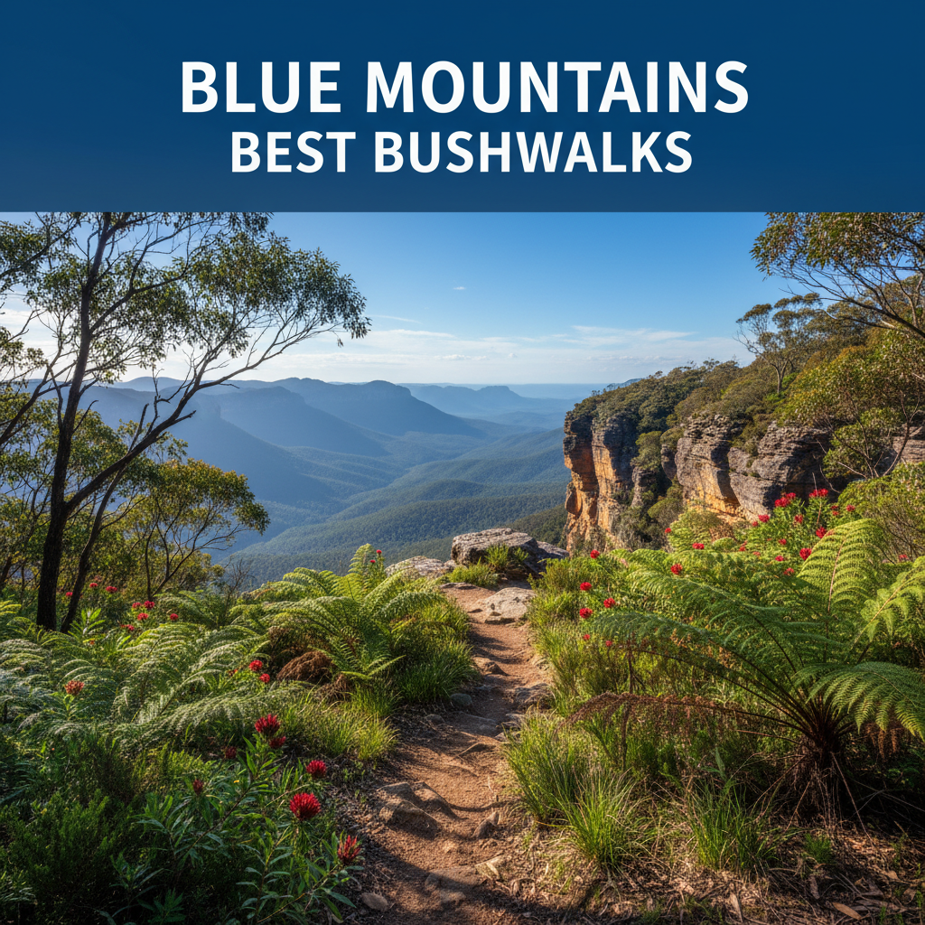 Bushwalking trail winding through sunlit Blue Mountains forest, with misty cliffs and vibrant native flora.