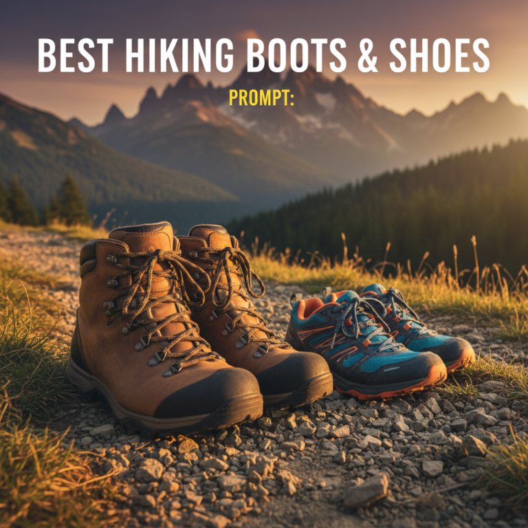 alt_text: Premium hiking boots and trail shoes on a sunlit mountain path, evoking adventure and durability.