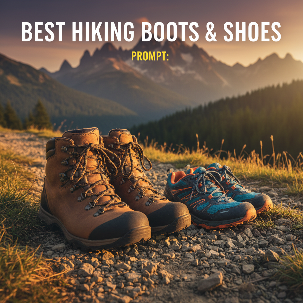 alt_text: Premium hiking boots and trail shoes on a sunlit mountain path, evoking adventure and durability.