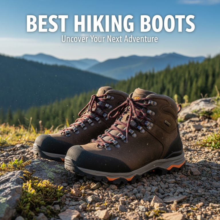 alt_text Close-up of new hiking boots on a rocky trail, with misty mountains and forests in the background.