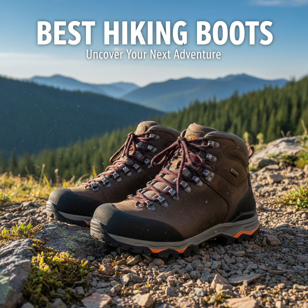 alt_text Close-up of new hiking boots on a rocky trail, with misty mountains and forests in the background.