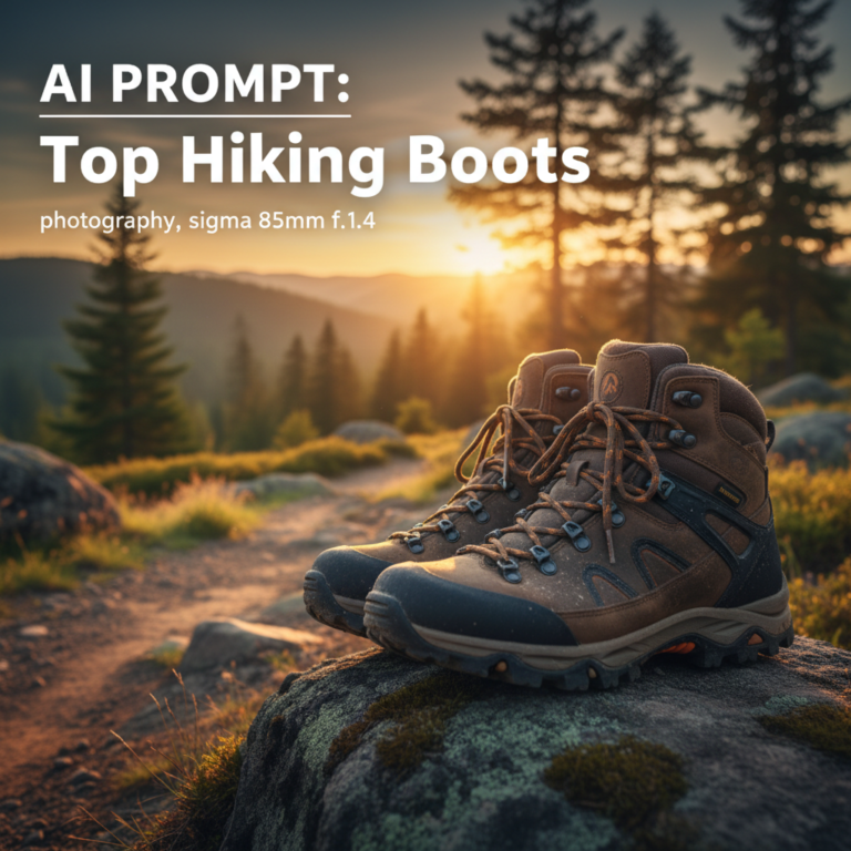 alt_text Close-up of rugged hiking boots on a rocky trail at sunrise, with scenic hills and pine trees behind.