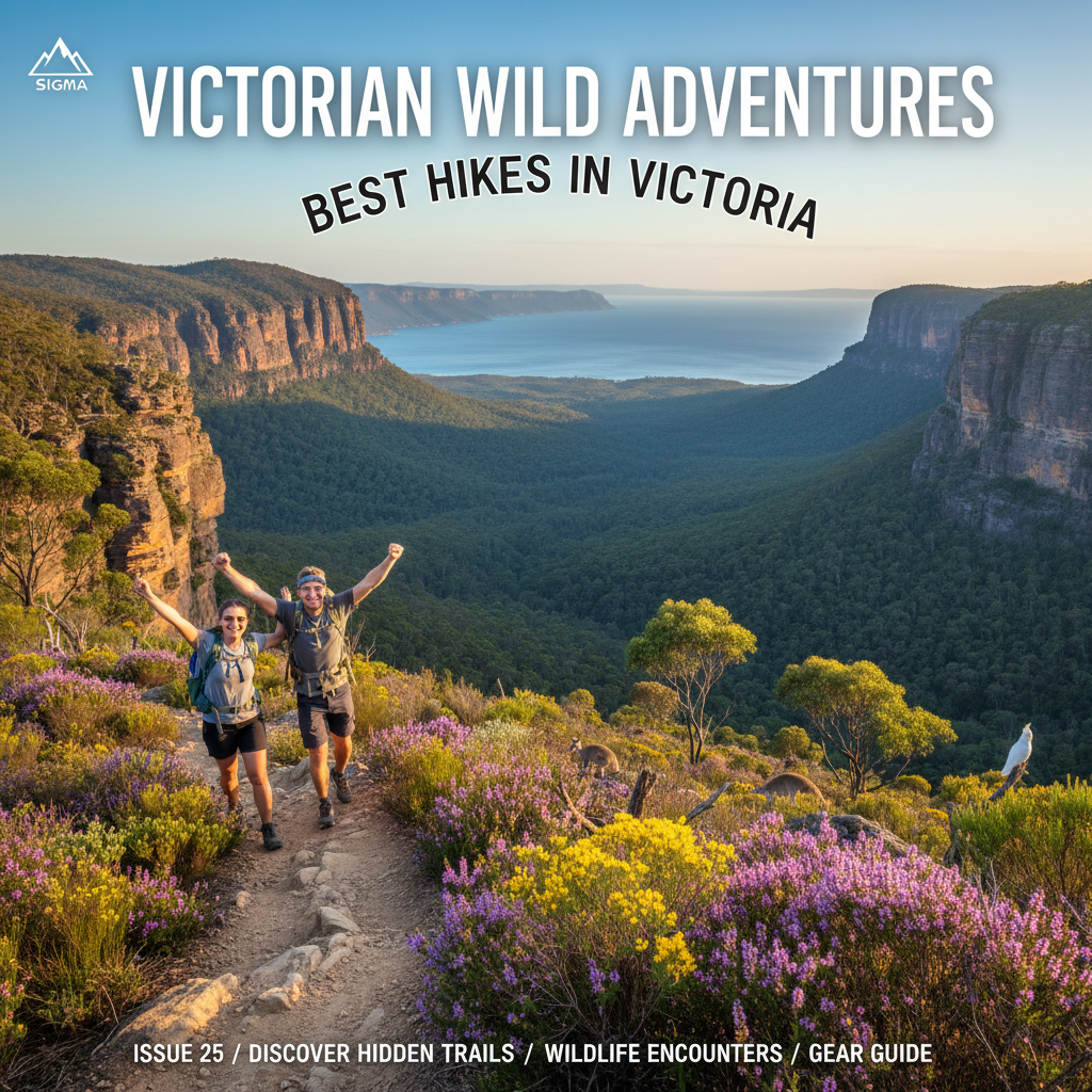 Hikers on a scenic Victoria trail with cliffs, forests, wildflowers, and native wildlife in view.