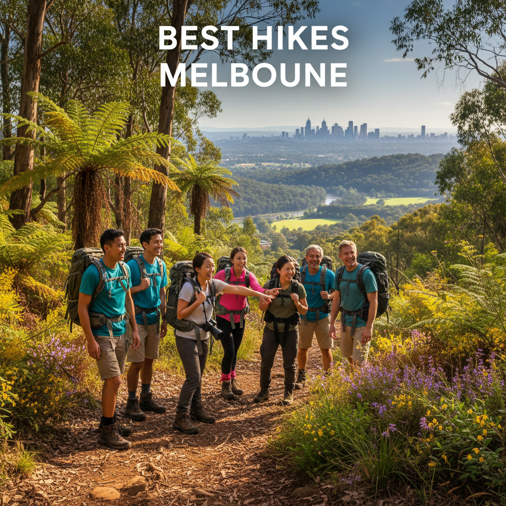 Diverse hikers explore lush Melbourne trails, native flora, and distant city skyline under sunny skies.