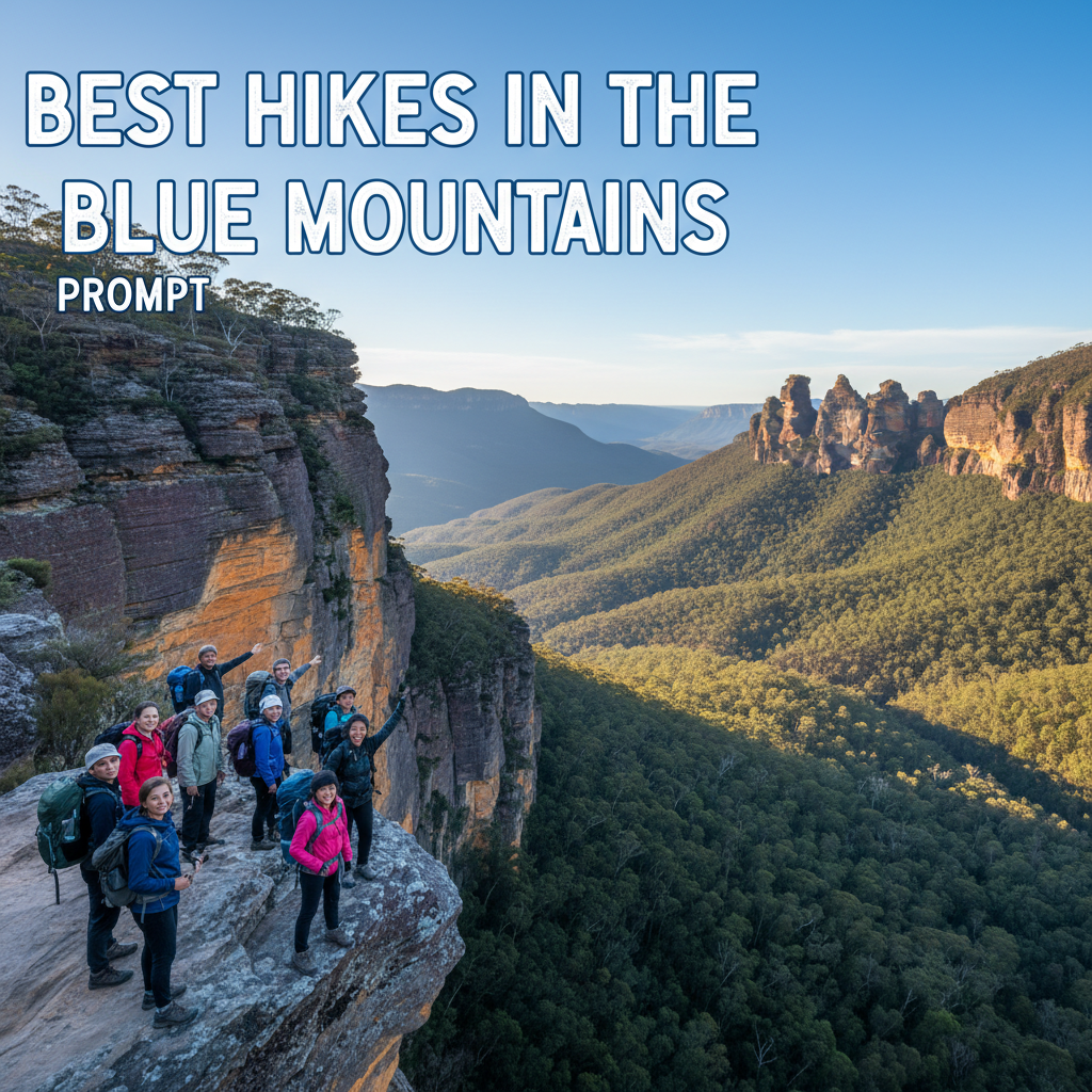 Hikers admire stunning Blue Mountains cliffs, valleys, and Three Sisters at a scenic, sunlit lookout.