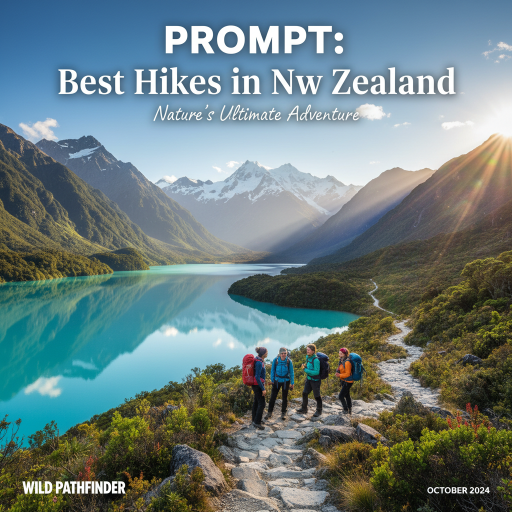 Hikers on a scenic New Zealand trail with lakes, green mountains, and snowy peaks under vibrant daylight.