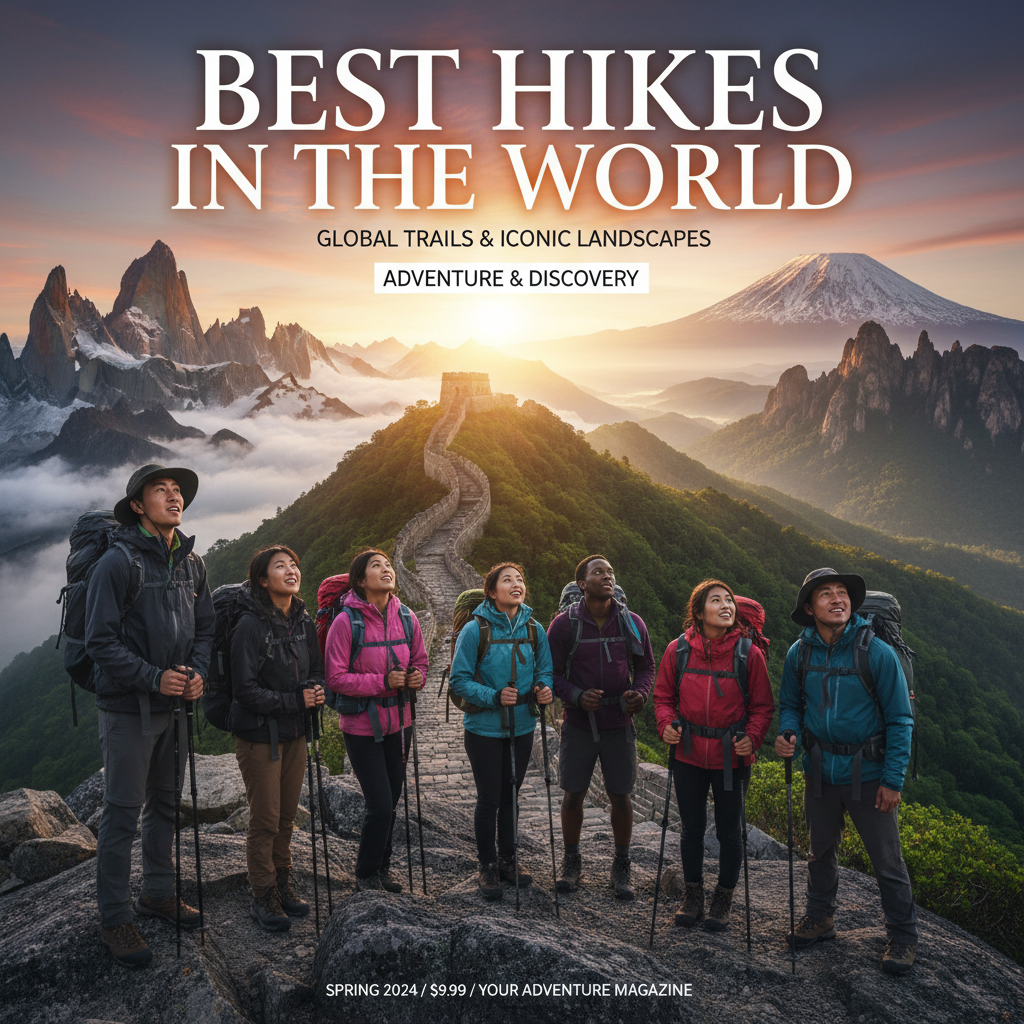 Diverse hikers atop a mountain at sunrise; global trails and iconic landscapes blend in vivid detail.