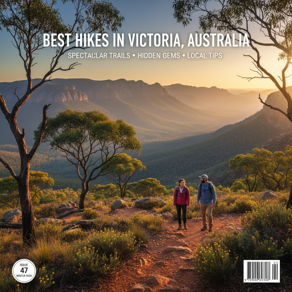 alt_text: Magazine cover showing hikers on scenic Victorian trails with dramatic landscapes and native flora.