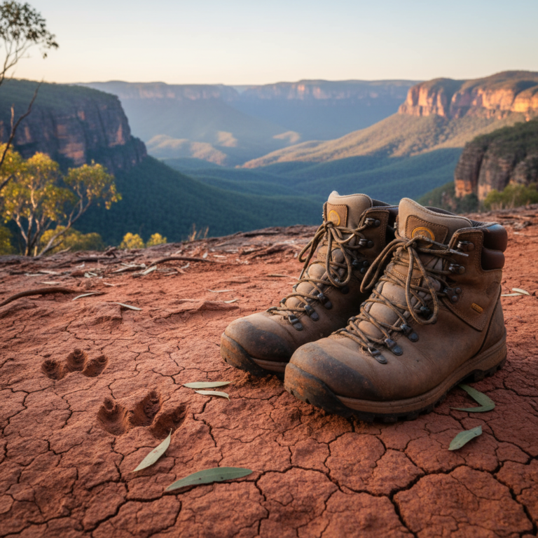 Dusty hiking boots on red soil with gum leaves, Blue Mountains, and kangaroo tracks in the background.