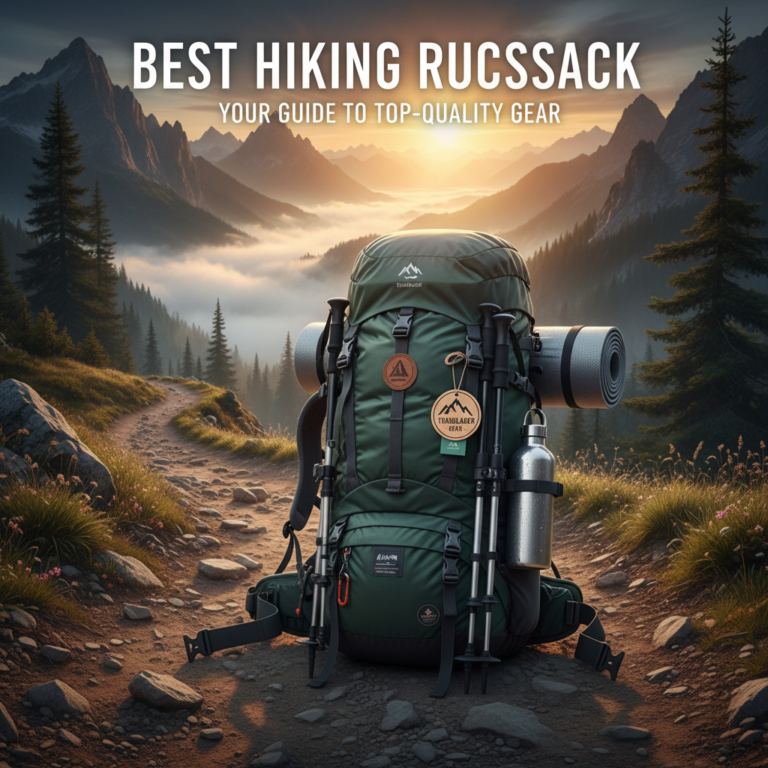 Premium hiking rucksack on a mountain trail at sunrise, surrounded by stunning, misty wilderness scenery.