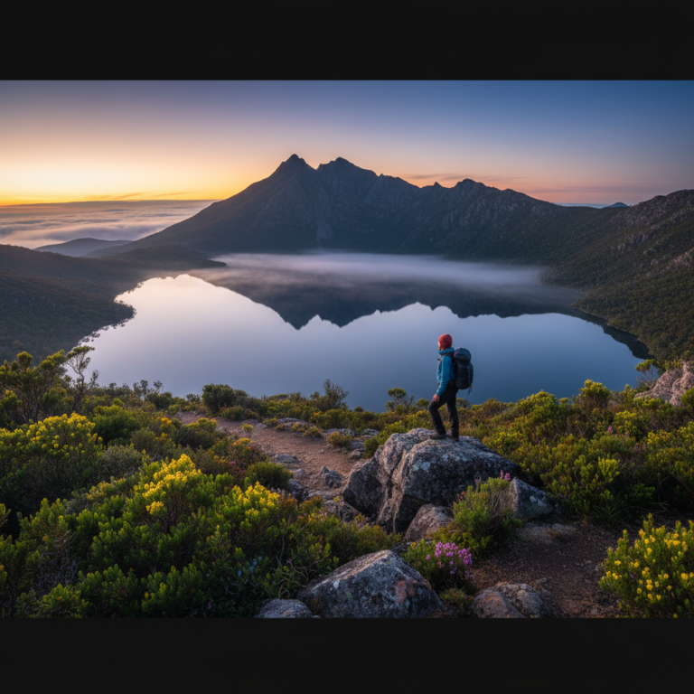 Hiker at sunrise atop Cradle Mountain, overlooking Dove Lake and misty, vibrant Tasmanian wilderness.