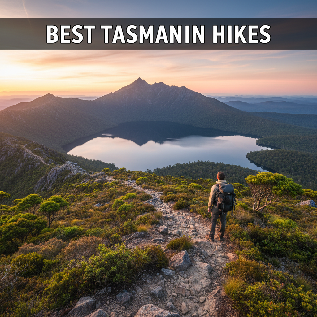 Hiker on Cradle Mountain at sunrise, overlooking Dove Lake and wild Tasmanian peaks—Best Hikes