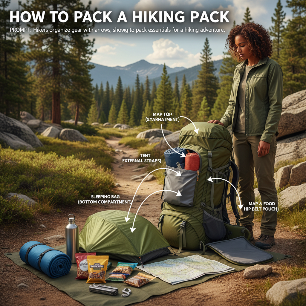 alt_text Hikers organize gear with labeled arrows, showing how to pack essentials for a hiking adventure.