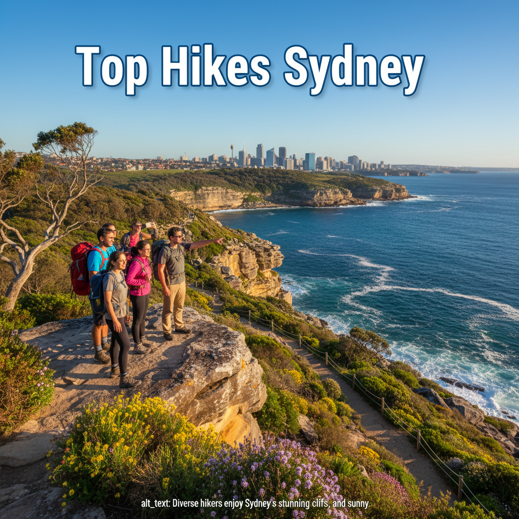 alt_text Diverse hikers enjoy Sydney’s stunning coastal cliffs, bushland, and ocean views on a sunny trail.