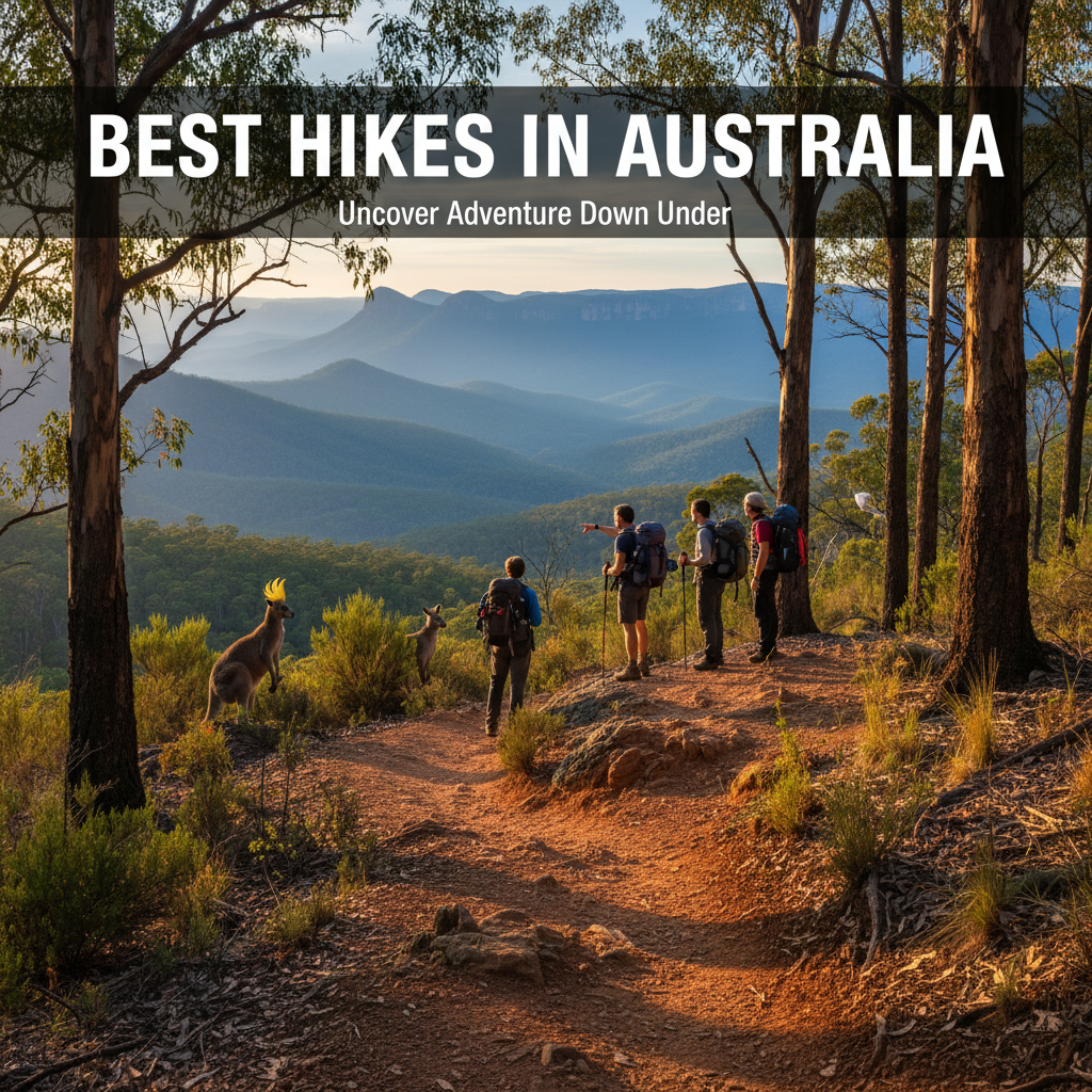 alt_text: Hikers admire a scenic Australian trail with mountains, forests, and native wildlife at sunrise.