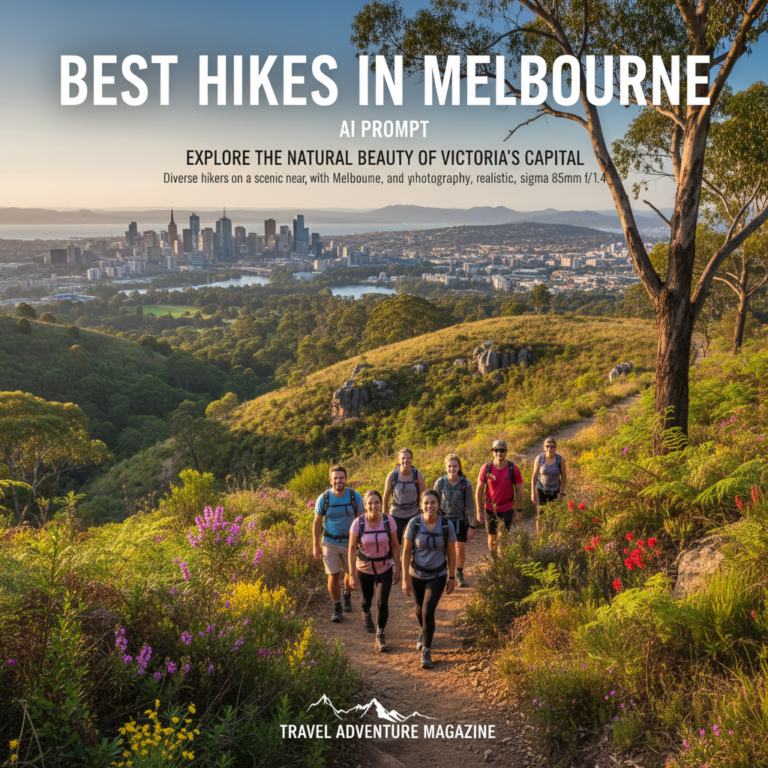 Diverse hikers on a scenic trail near Melbourne, with bushland, wildflowers, and city skyline views
