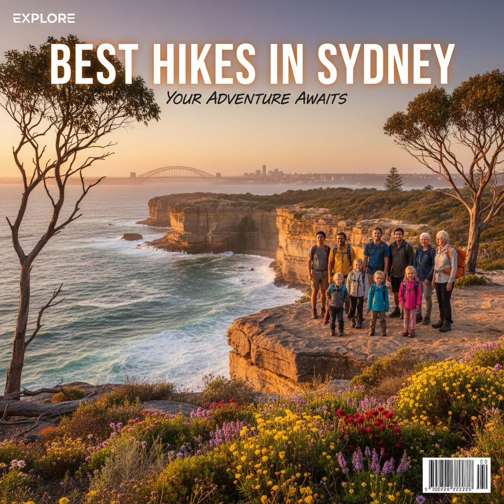Diverse hikers atop Sydney cliffs at golden hour, ocean and skyline beyond. "Best Hikes in Sydney"
