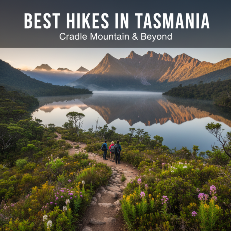 Hikers on a trail admire Cradle Mountain at dawn, reflected in Dove Lake amid Tasmania’s wild beauty.