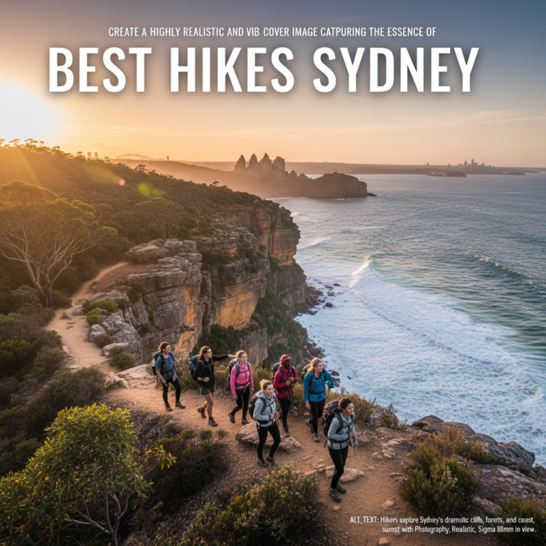 alt_text Hikers explore Sydney’s dramatic cliffs, forests, and coast at sunrise with iconic landmarks in view.