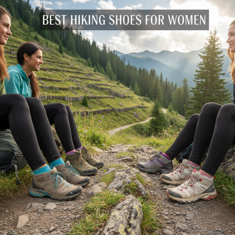 Best Hiking Shoes for Women: Diverse hikers showcasing stylish footwear on a scenic mountain trail