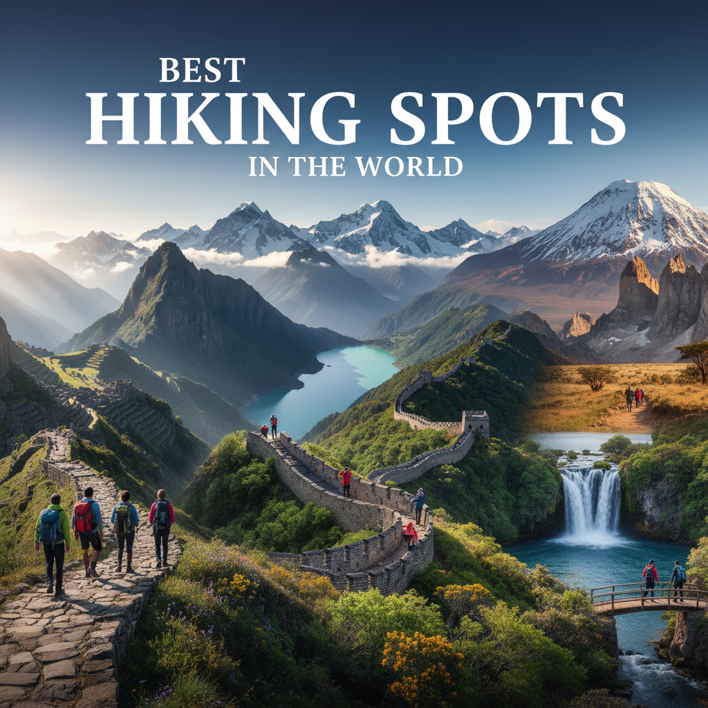 Diverse hikers explore iconic trails amid stunning mountains, forests, lakes, and waterfalls worldwide.