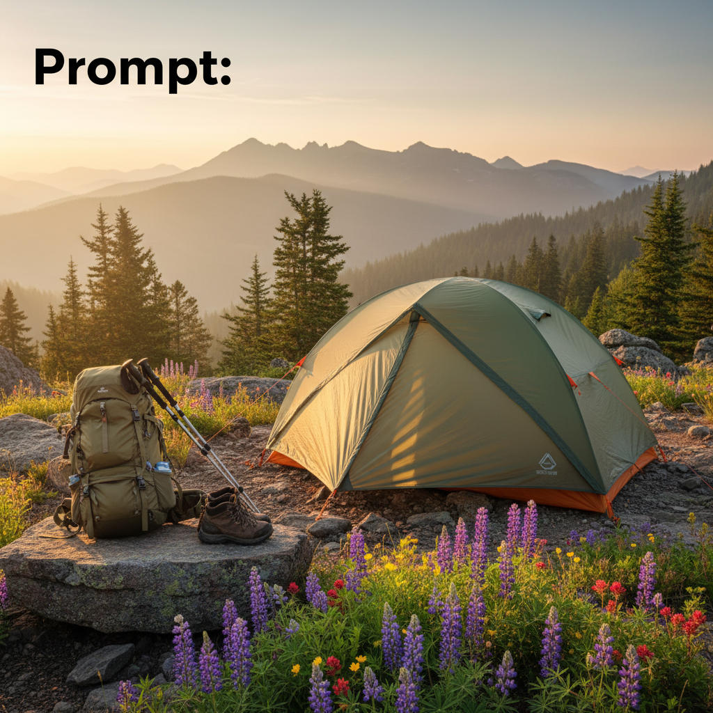 alt_text: Premium hiking tent and gear set up on a scenic sunrise mountain overlook with lush wildflowers.