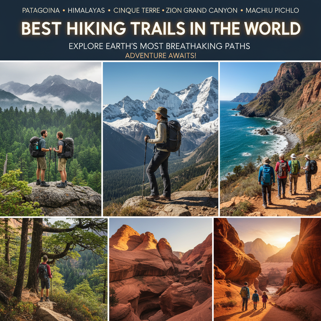 Hikers explore stunning global trails—lush forests, mountains, coasts, and deserts—on a vibrant cover.