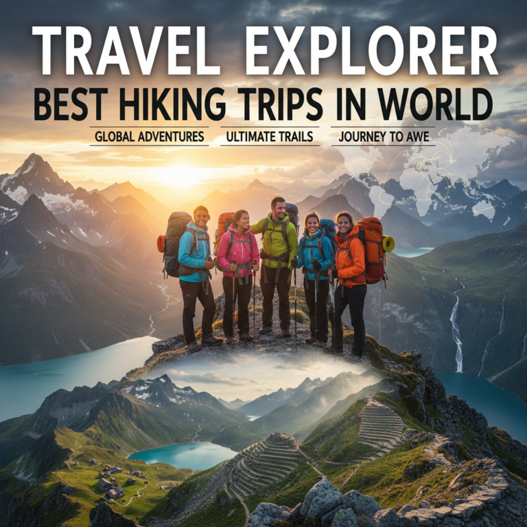 Diverse hikers on a mountain ridge at sunrise, with world map and top hiking destinations in the background.