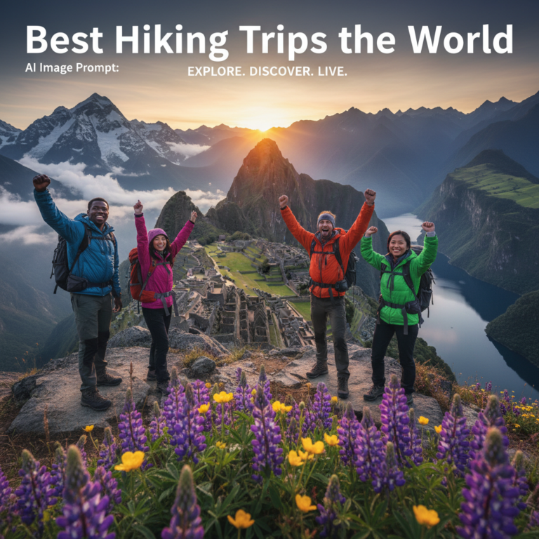 Diverse hikers atop a summit, admiring global landscapes at sunrise for a world hiking magazine cover.