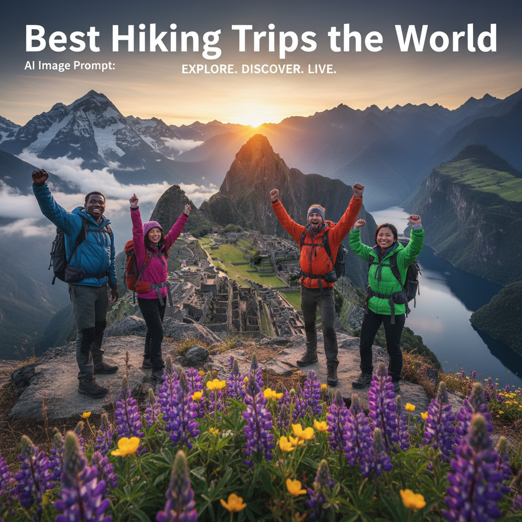 Diverse hikers atop a summit, admiring global landscapes at sunrise for a world hiking magazine cover.