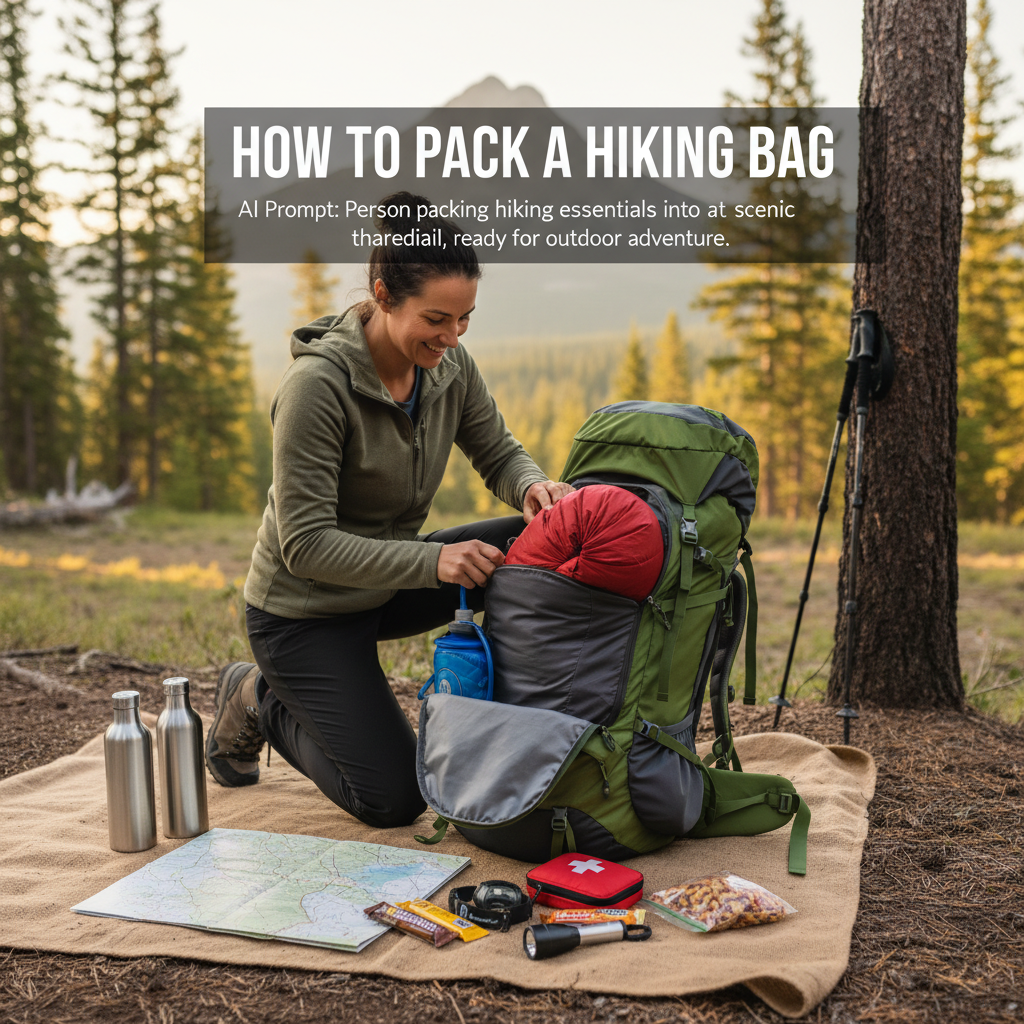 Person packing hiking essentials into a backpack at a scenic trailhead, ready for outdoor adventure.