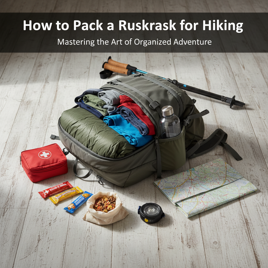 Open rucksack on wood floor with neatly arranged hiking gear, ready for organized packing.