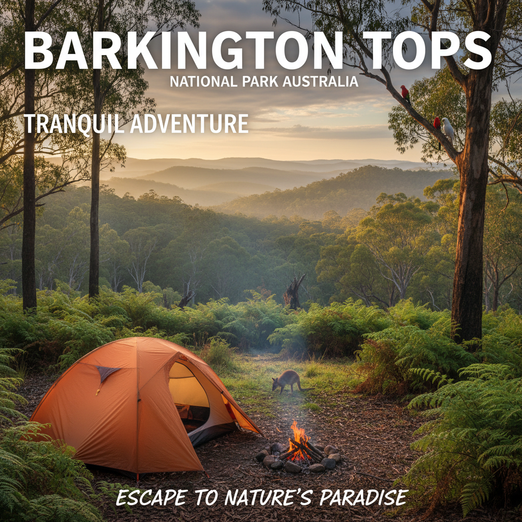 Serene Barrington Tops camp: tent, campfire, misty gums, sunrise, wallaby, and parrots in nature.