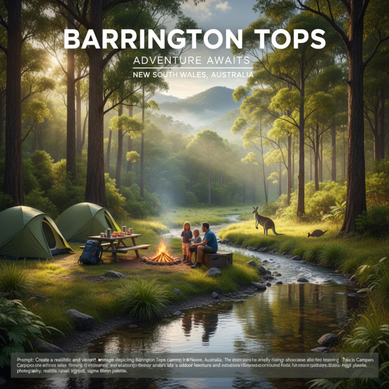 alt_text Campers in Barrington Tops forest by a creek, tents, campfire, kangaroo, and misty morning trees.