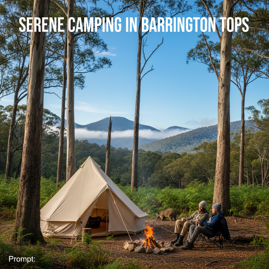 Serene camping in Barrington Tops: tent, campfire, eucalypts, misty peaks, and Australian wildlife.