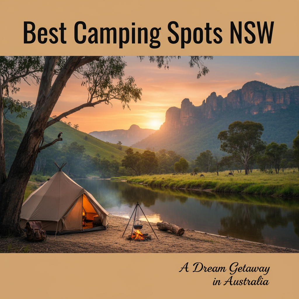 Scenic NSW camping by river, tent, campfire, wildlife, and golden sunlight—perfect outdoor getaway.