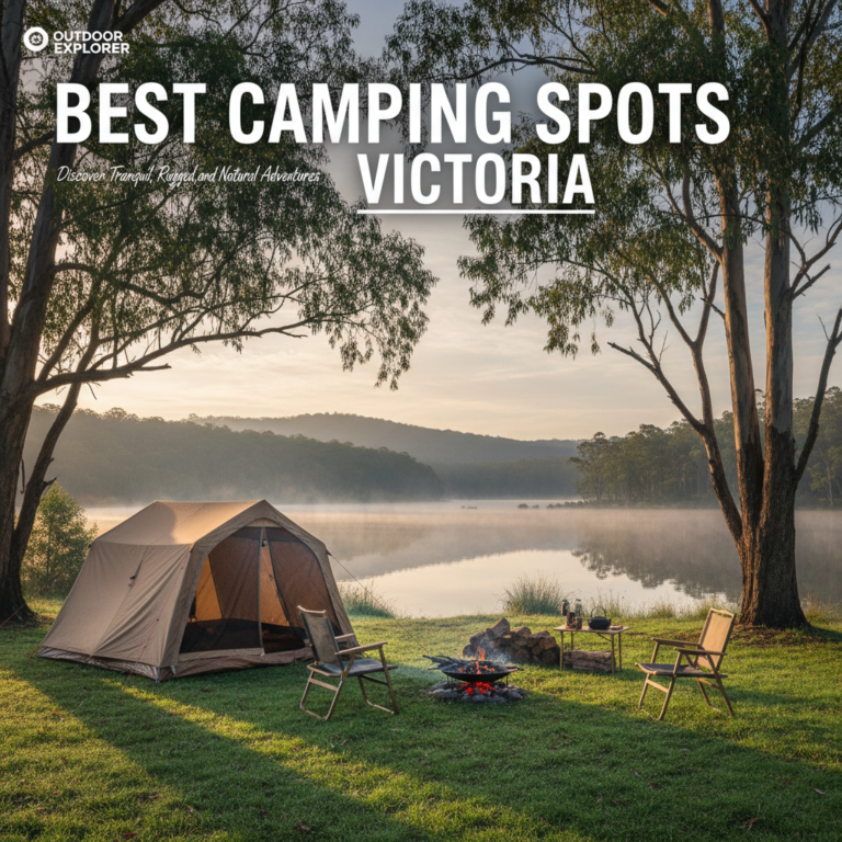 Lakeside tent at dawn, misty water, campfire, and towering trees—best camping in Victoria, Australia.