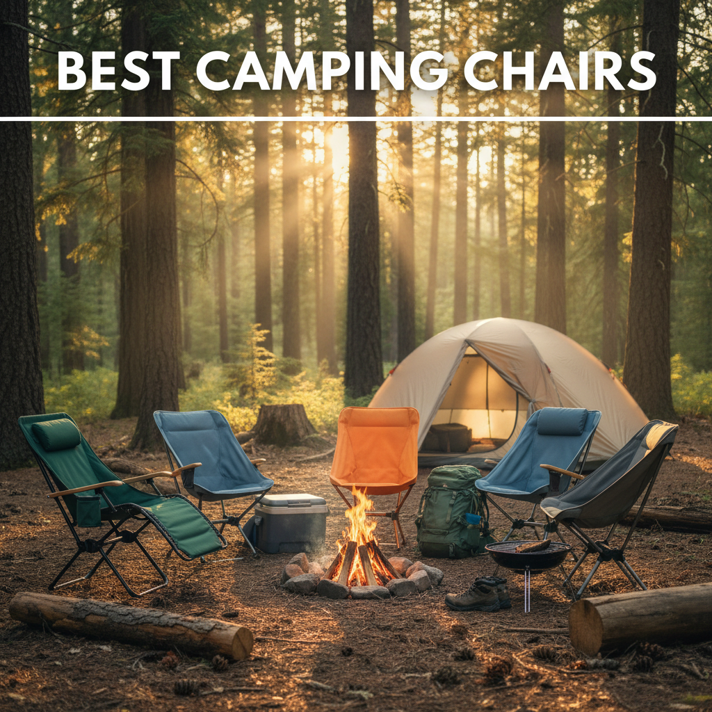 Best camping chairs arranged by a campfire in a scenic forest clearing at sunset, no people visible.