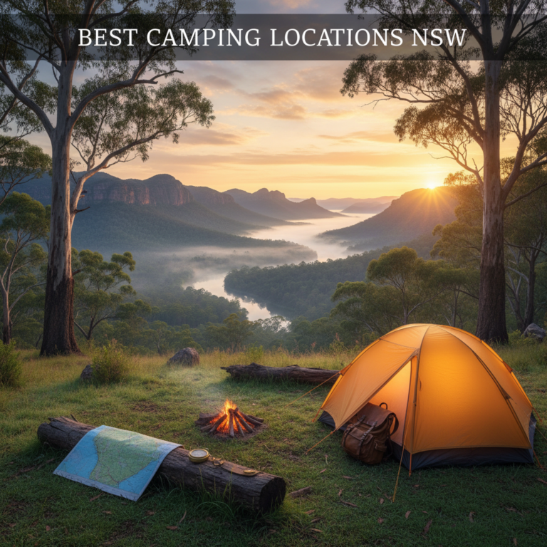 Best Camping Locations in NSW: Sunrise campsite, tent, misty valley, eucalyptus trees, and adventures