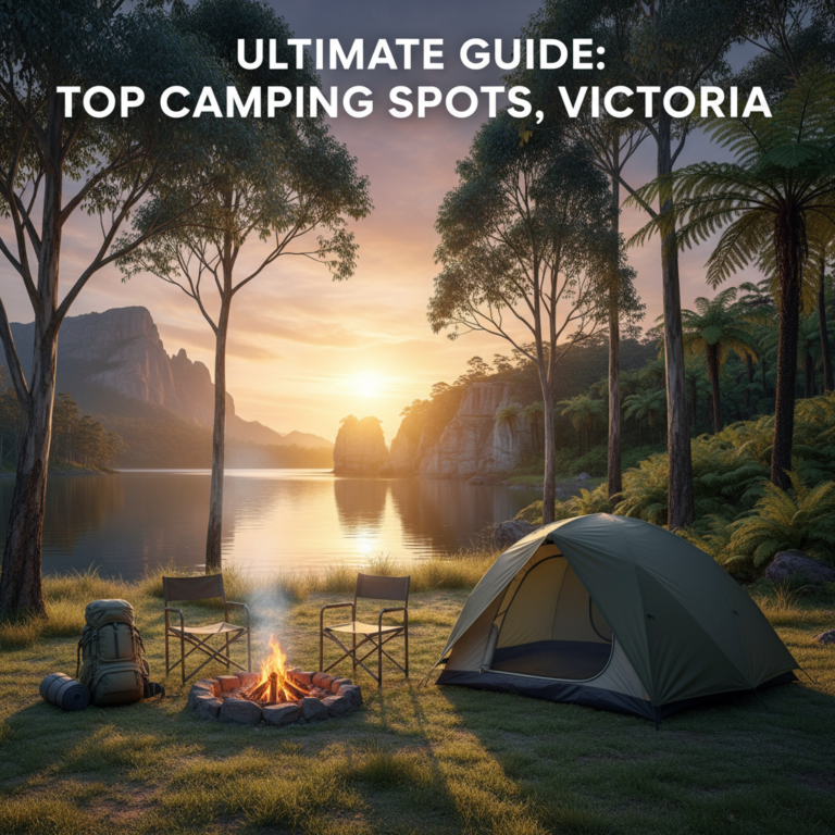 Scenic campsite by a lake at sunrise, with tent, fire, and Victoria’s top nature destinations nearby.