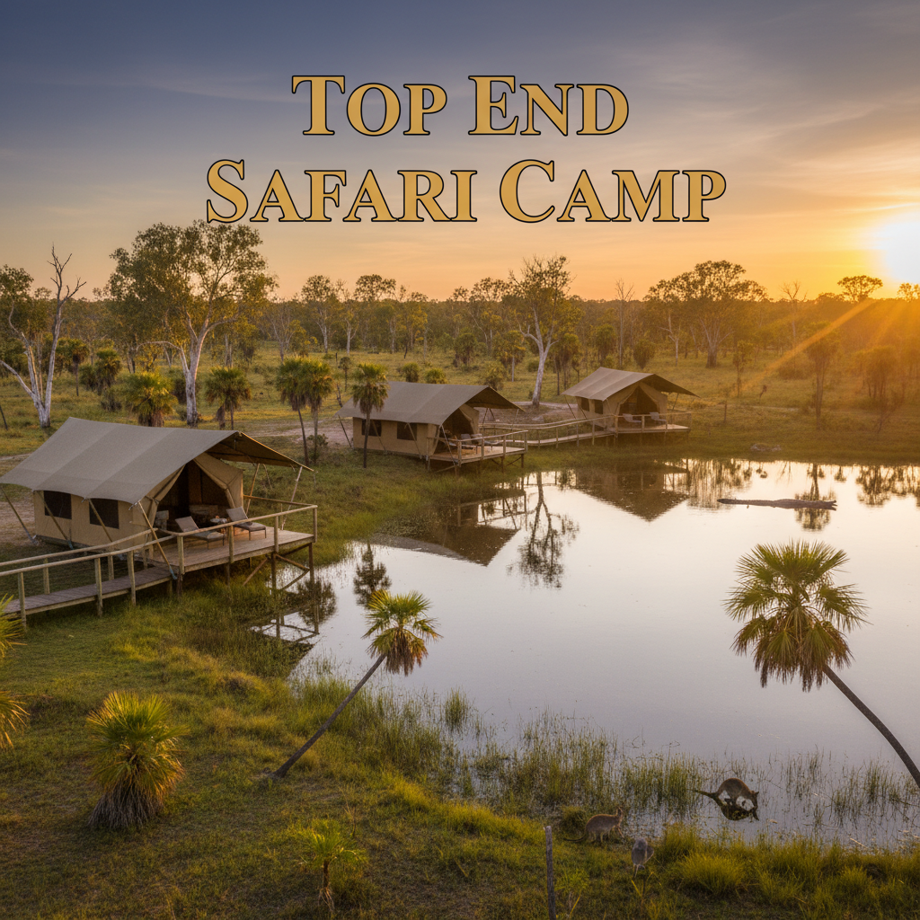 Luxury safari tents overlook a golden billabong, native wildlife, and lush outback at sunset.