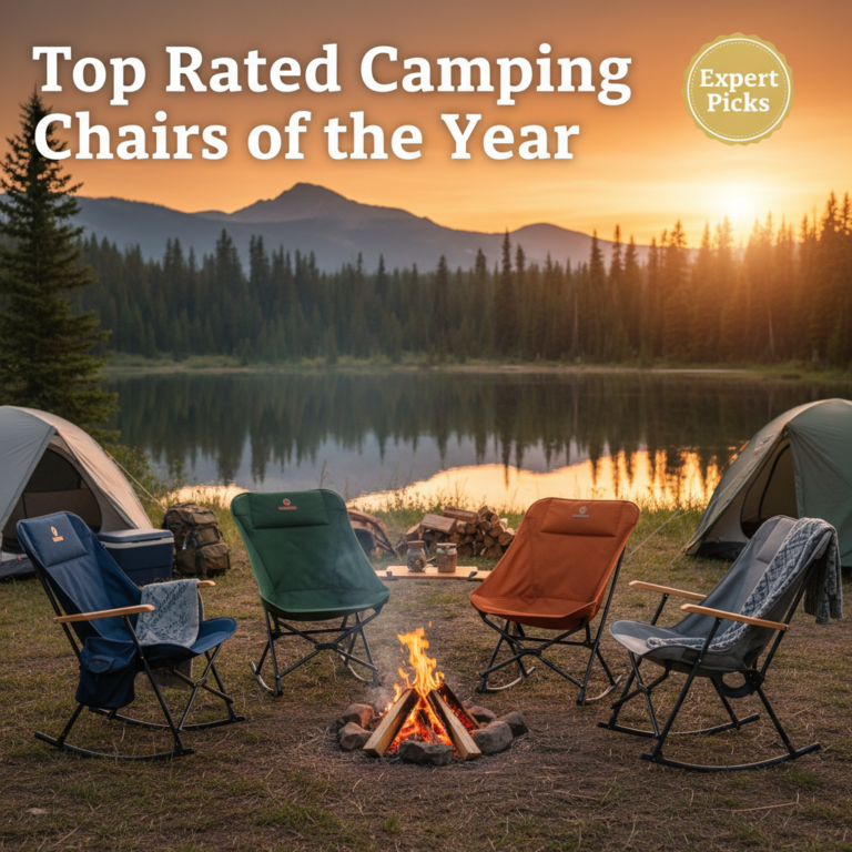 Top rated camping chairs showcased by a lakeside campfire at sunset amid forest and mountains.