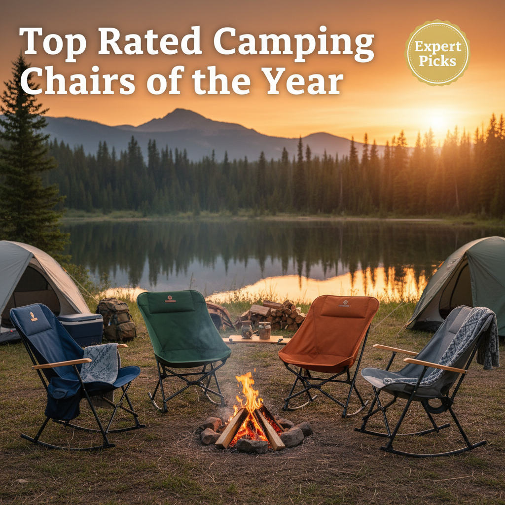 Top rated camping chairs showcased by a lakeside campfire at sunset amid forest and mountains.