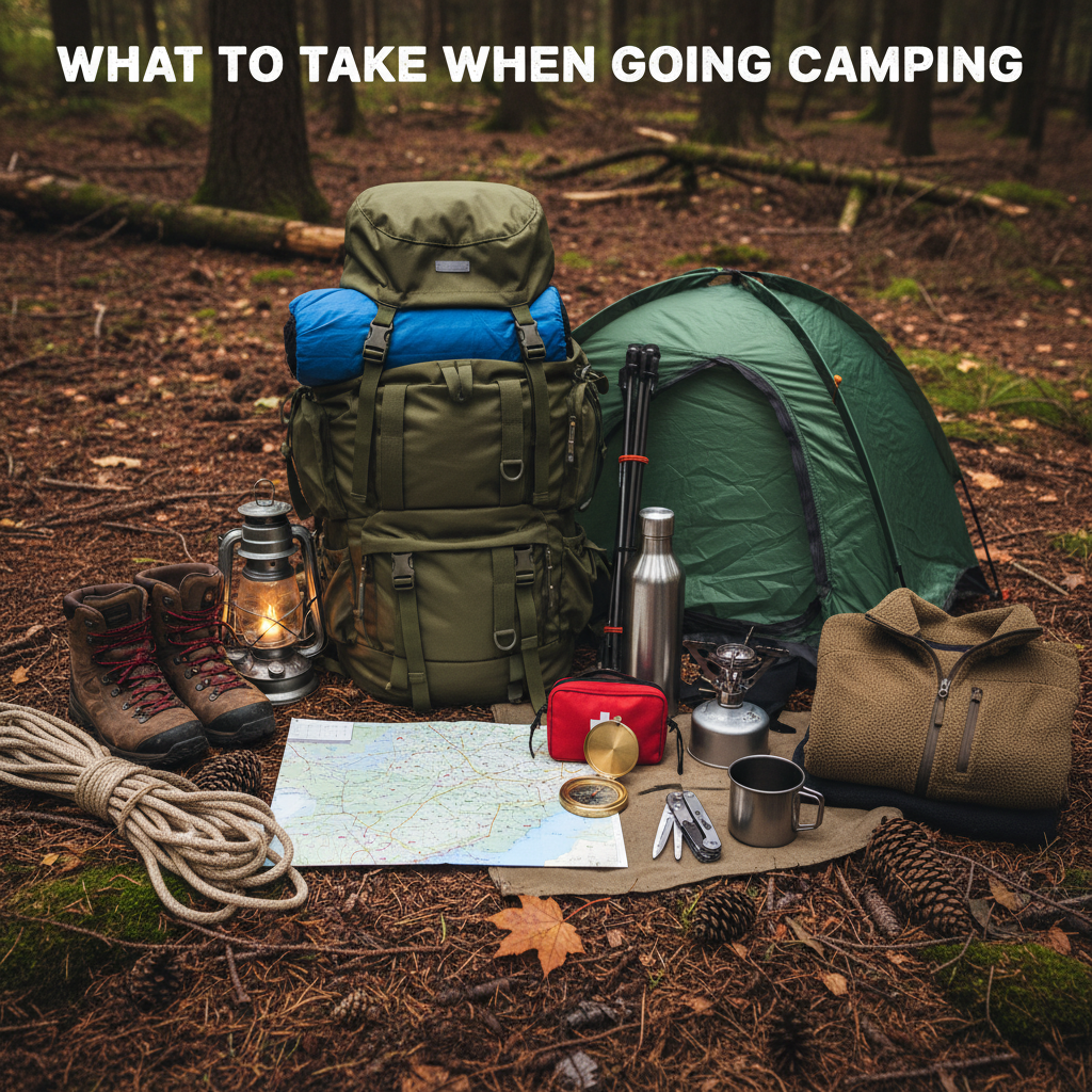 Essential camping gear—backpack, tent, boots, tools, and clothing—arranged on a forest floor.