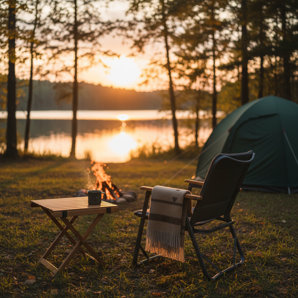 alt_text A cozy camping chair by a fire and tent at sunset, with coffee on a table, evoking comfort in nature.