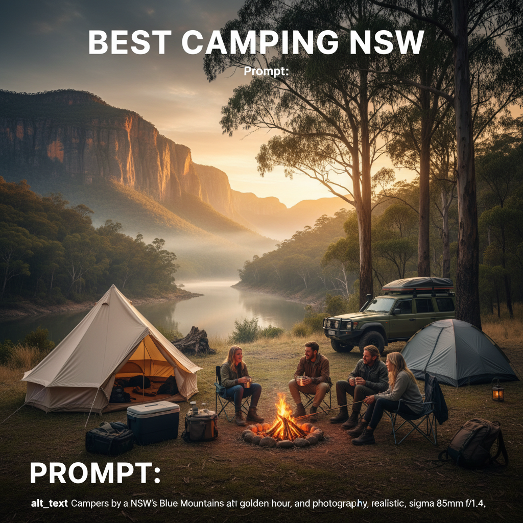 alt_text Campers by a river in NSW’s Blue Mountains at golden hour, with tents, campfire, and dramatic cliffs.