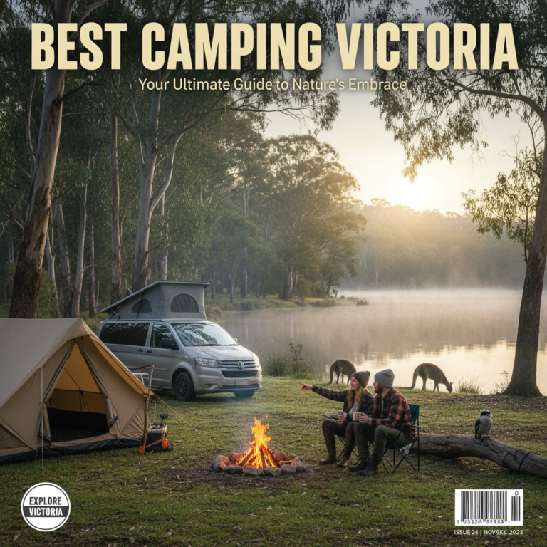 Best Camping Victoria: Scenic lakeside campsite with wildlife, campers, tents, and misty eucalyptus forest.